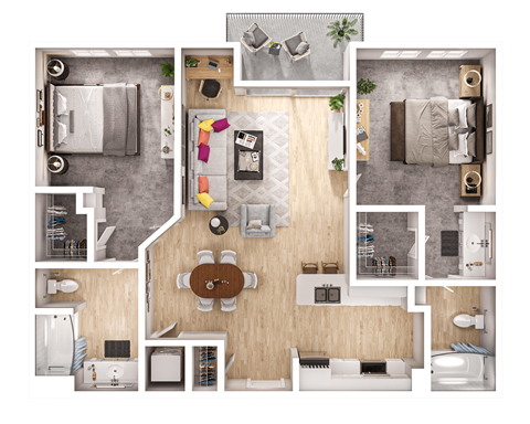 A top-down view of a house layout with a kitchen, living room, and bedrooms.